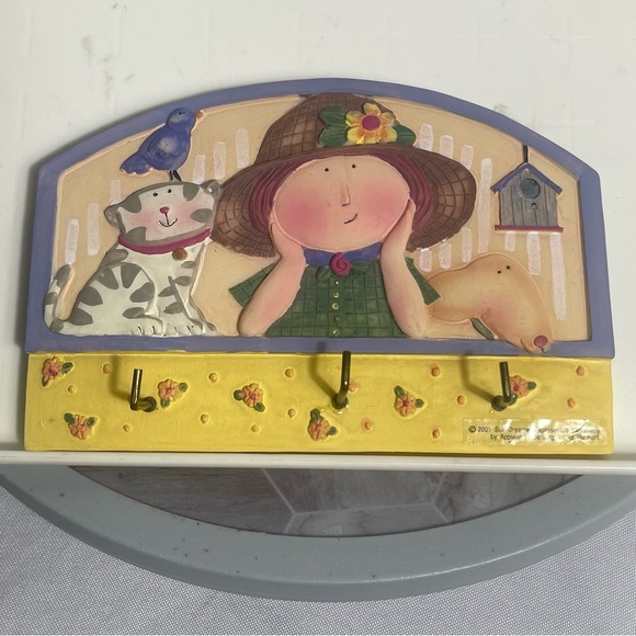 Sue Dreamer 2001 Girl Dog Cat Leash Hook Holder Wall Art w/ Box 6.5”x5.5” - Picture 1 of 7